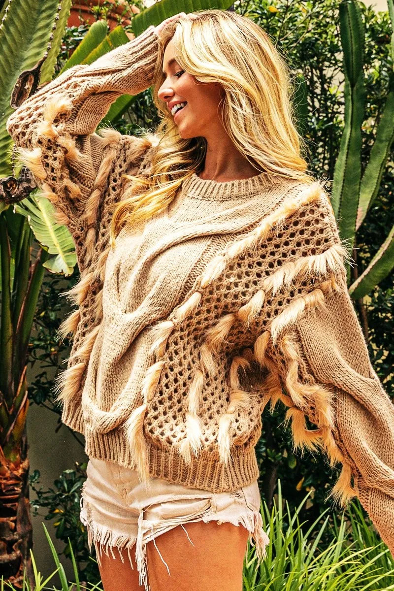 Faux Fur Detailed Pointelle Cable Knit Sweater