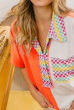 Color Block Knit with Multi Checker Contrast Top
