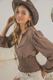 Smoking Waist Band and Puff Sleeves Deep V Neck Top