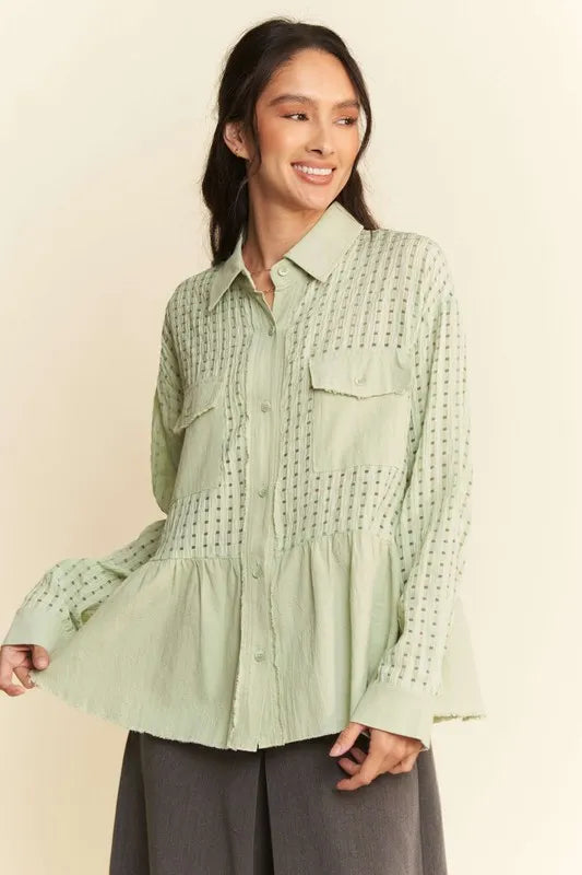 Garment Washed Jacquard Button Front Shirt