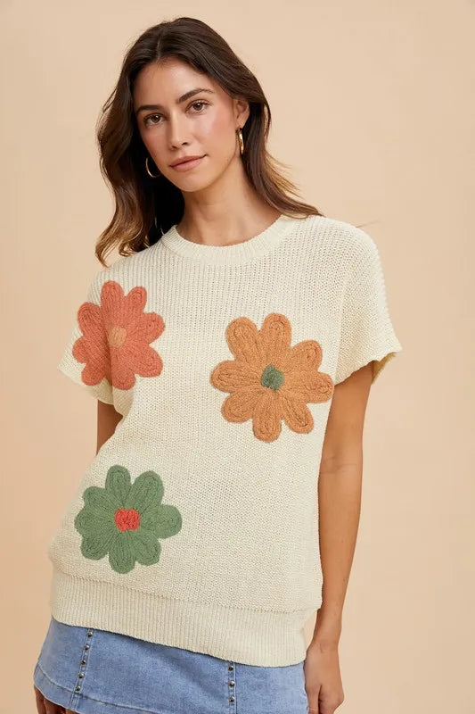 Large Flower Embo Dolman Sleeve Summer Sweater Top