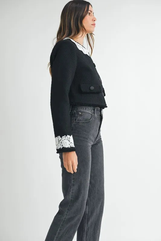 Lace Trim Collar Tweed Crop Jacket