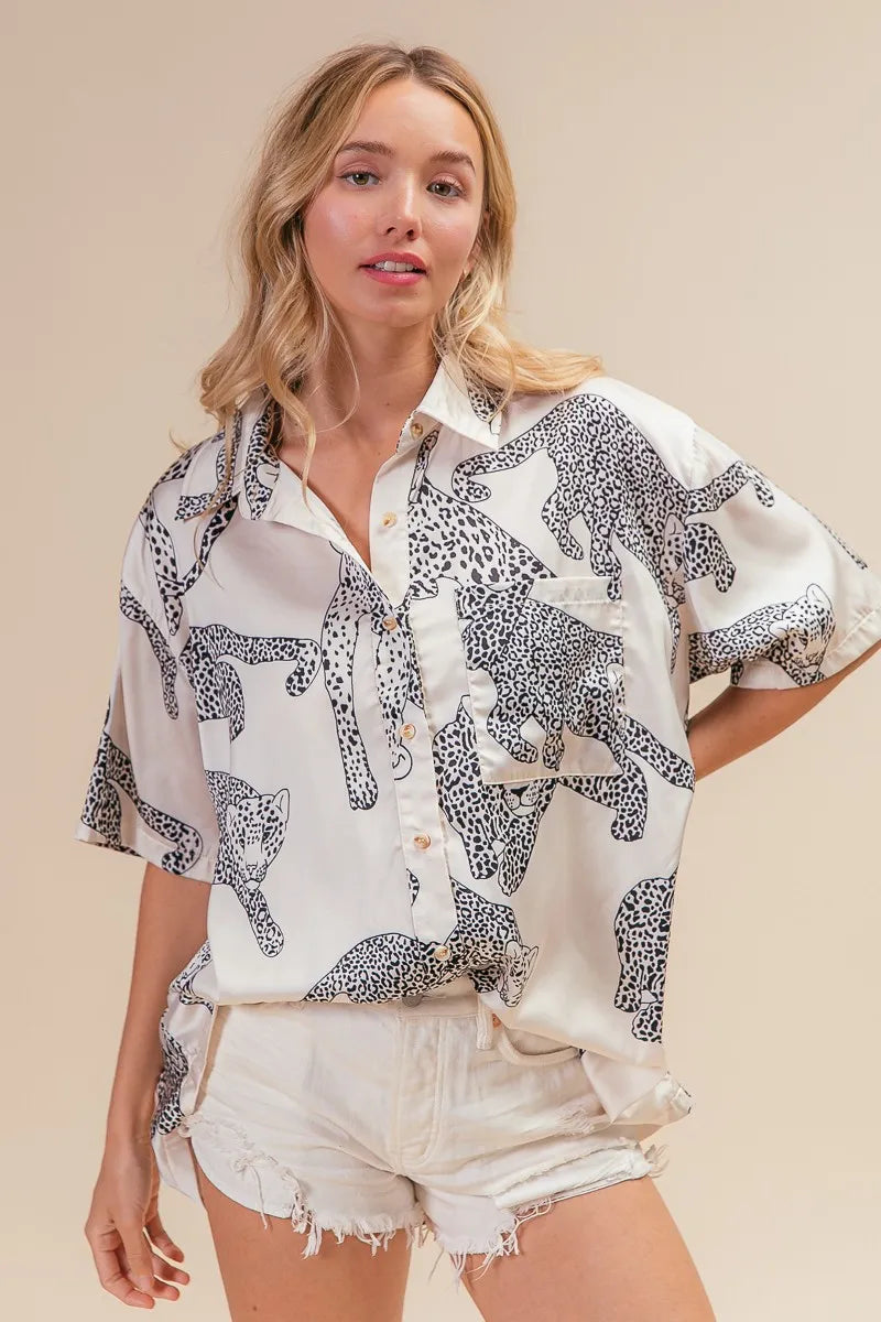 Leopard Print Short Sleeve Silky Satin Shirt Top