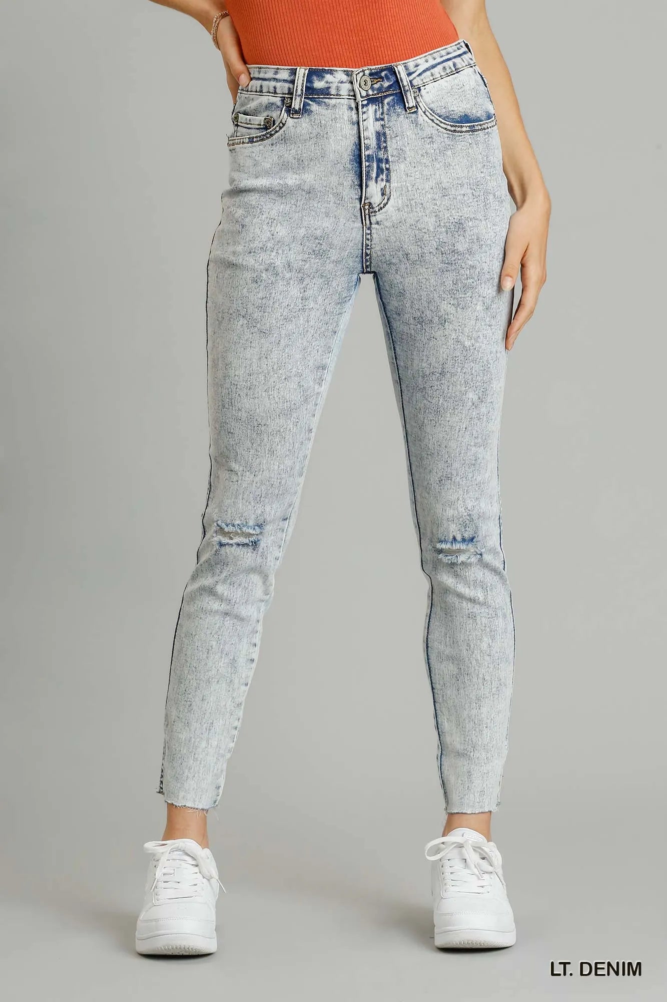 5-Pocket Stretch Denim Skinny Jeans with Raw Distressed Finish