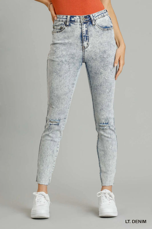 5-Pocket Stretch Denim Skinny Jeans with Raw Distressed Finish