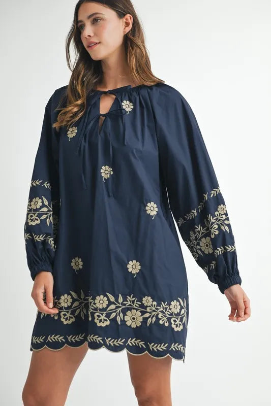 Embroidered Long Sleeve Peasant Mini Dress