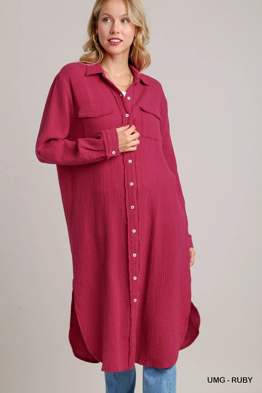 Gauze Cotton Button-Up Shirt Dress