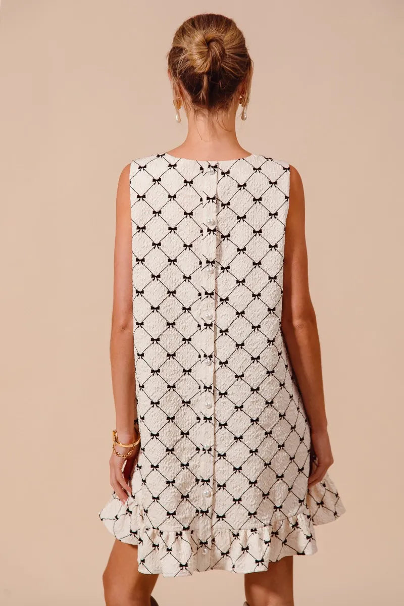 Bow Patterned Sleeveless Ruffle Hem Dress