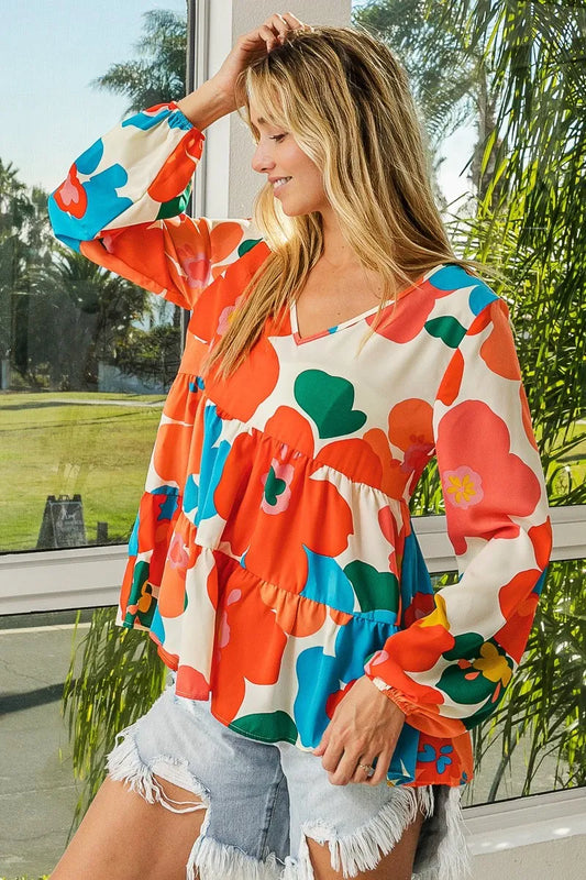 Vibrant Woven Tiered V Neck Blouse