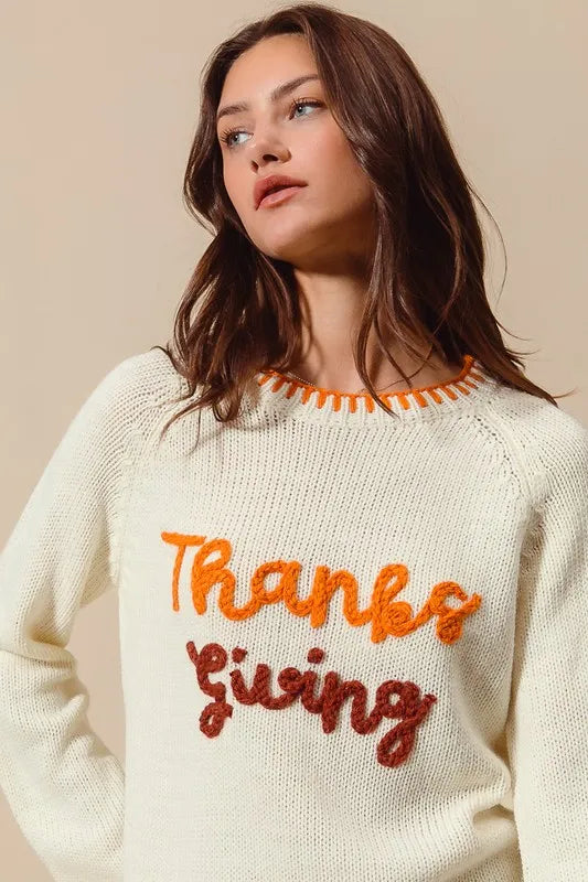 Thanksgiving Tinsel Lettering Sweater Top