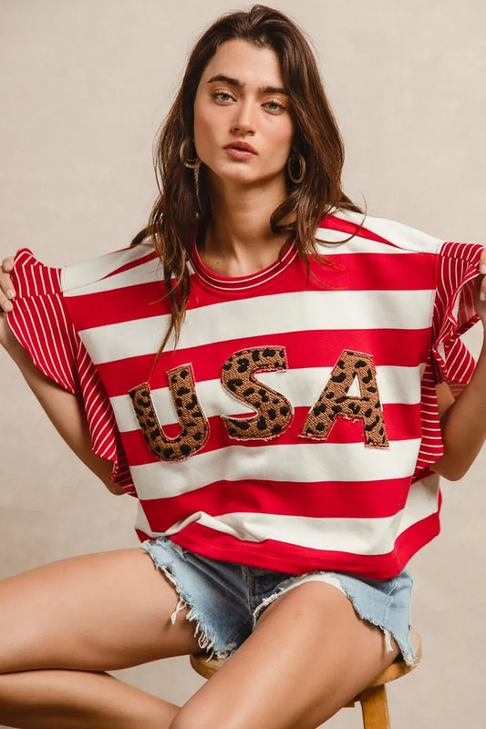 Ruffled Sleeve Blouse with Leopard Graphic and Stripes
