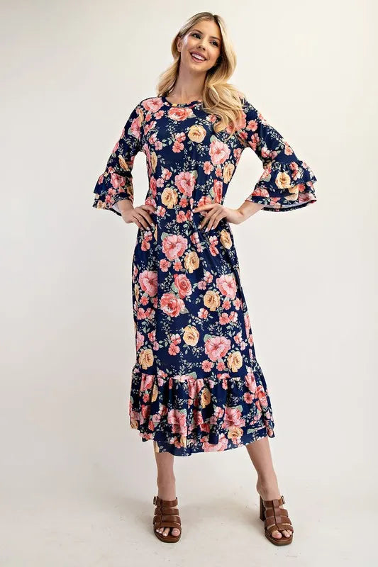 Full Size Soft Floral Ruffle Trim Dress Plus Size