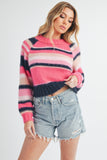 Striped Ribbed Neckline Raglan Sleeve Sweater