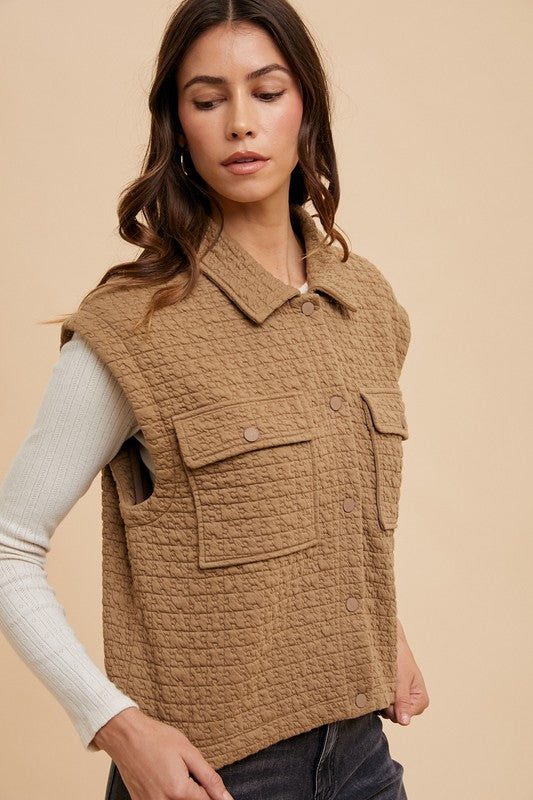 Puzzle Quilted Snap Down Vest Coat
