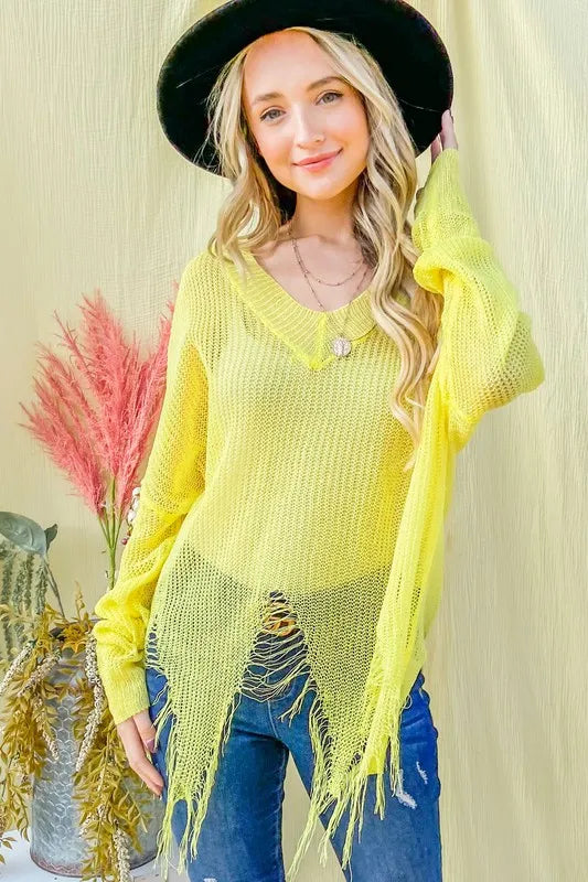 Distressed Mesh V Neck Spring Sweater Cover Up