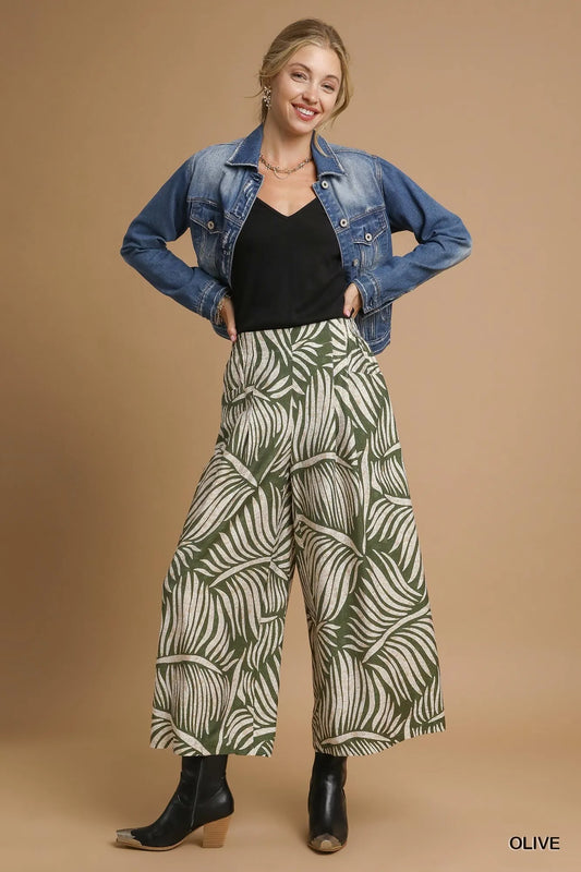 Tropical Palm Leaf Wide-Leg Culotte Pants