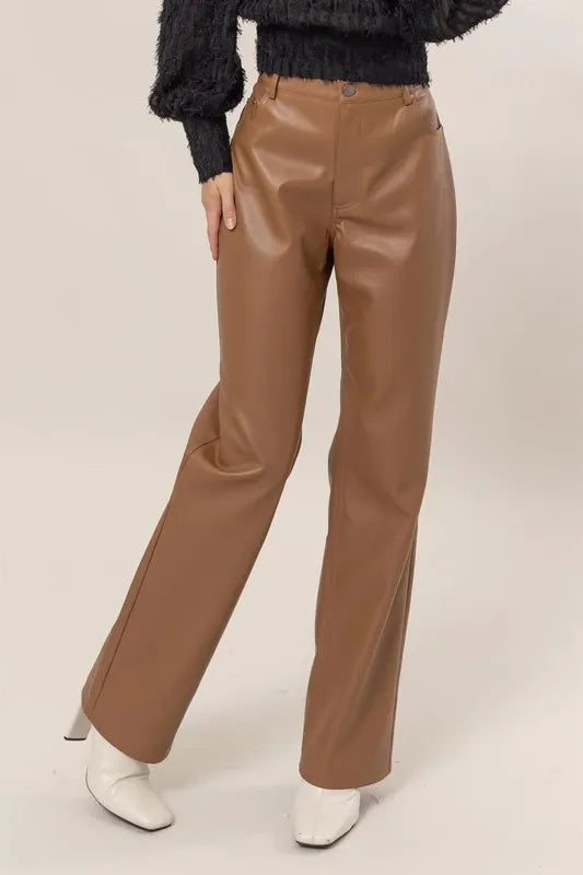 PU High Waist Straight Pants