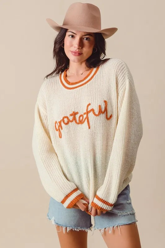 Grateful Sentiment Stitch Thanksgiving Sweater