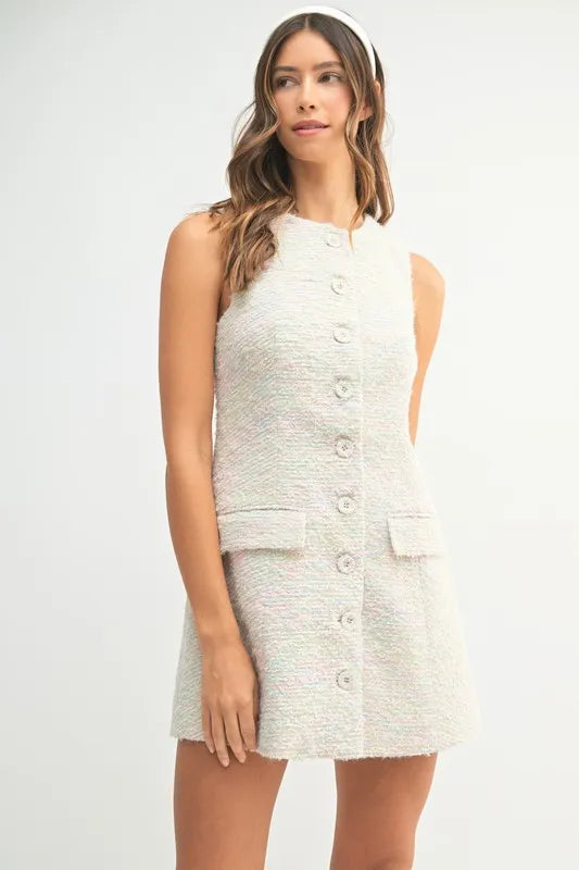 Tweed Sleeveless Button Down Mini Dress