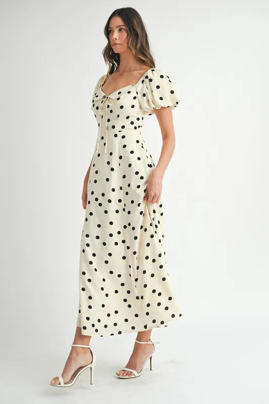 Polka Dot Puff Sleeve Midi Dress