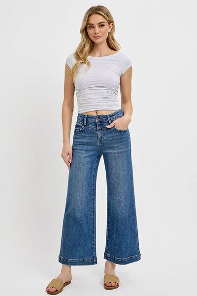 Full Size High Rise Crop Wide Leg Front Yoke Detail Jeans Plus Size