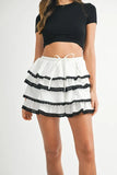 Poplin Ruffle Layered Contract Lace Trim Mini Skirt