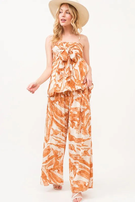 Smocked Tied Waist Abstract Print Wide Leg Pants