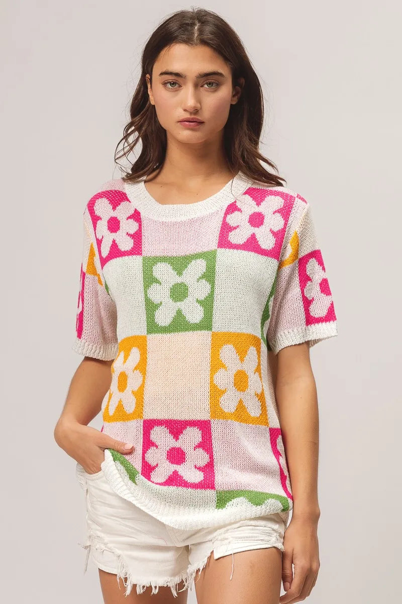 Floral Block Pattern Lightweight Knit Pullover