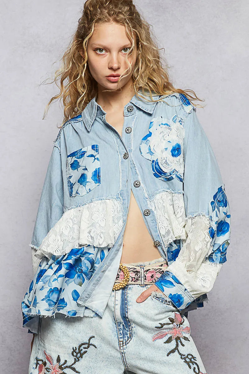 Patchwork Denim Top with Lace Accent Details