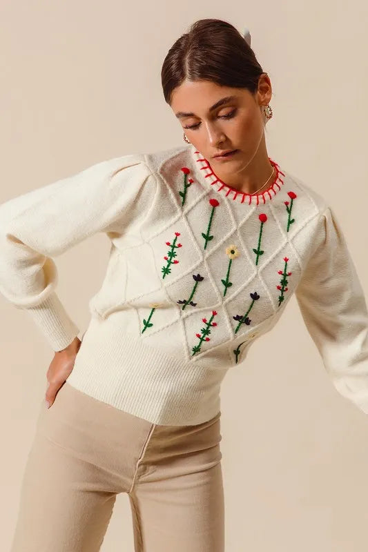 Small Flower Embroidered Sweater Top