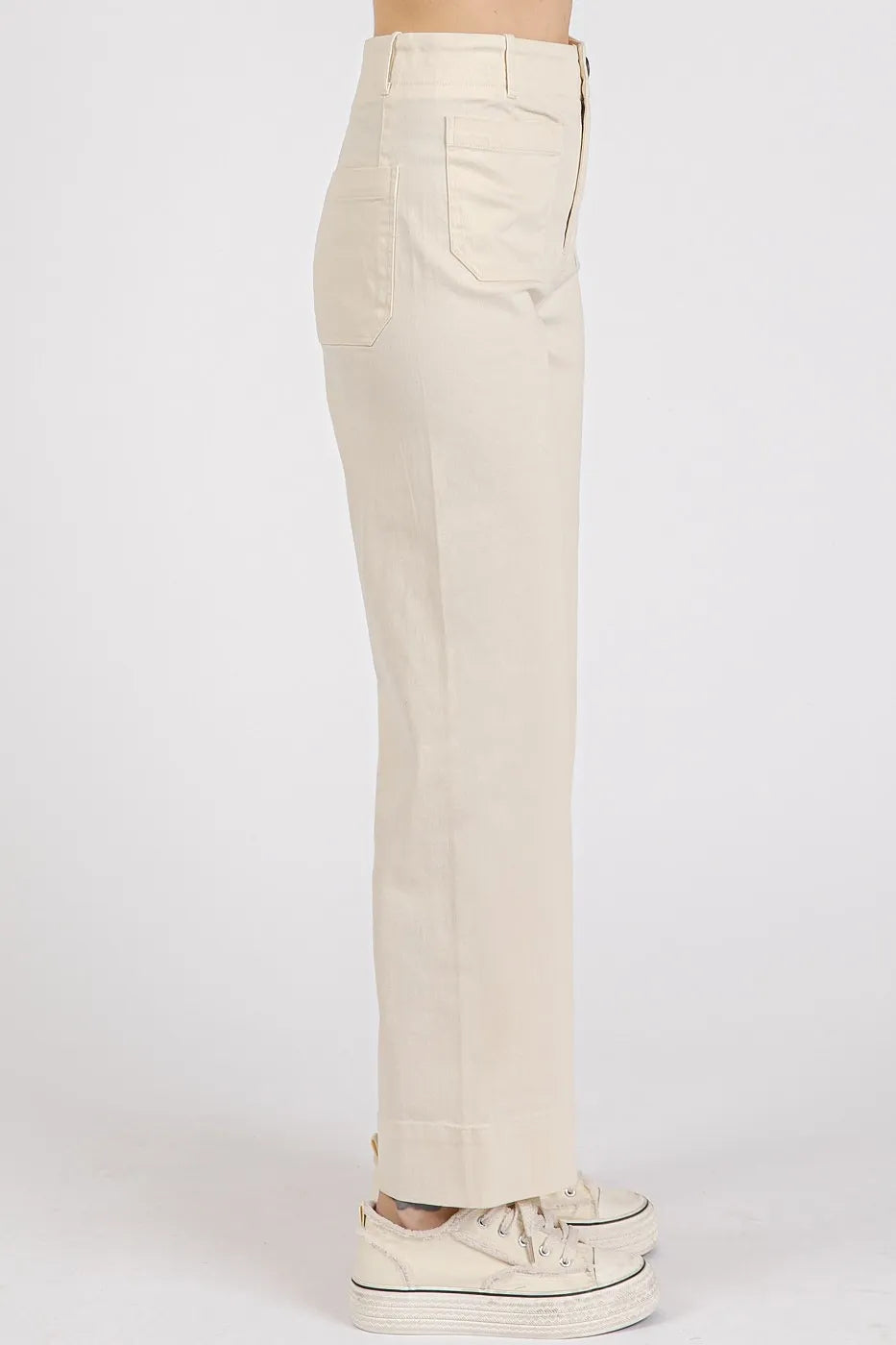 Twill Patch Pocket High Rise Wide Leg Pants