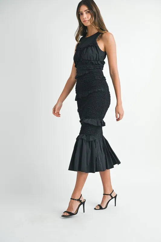 Ruffled Popcorn Smocked Mermaid Midi Dress