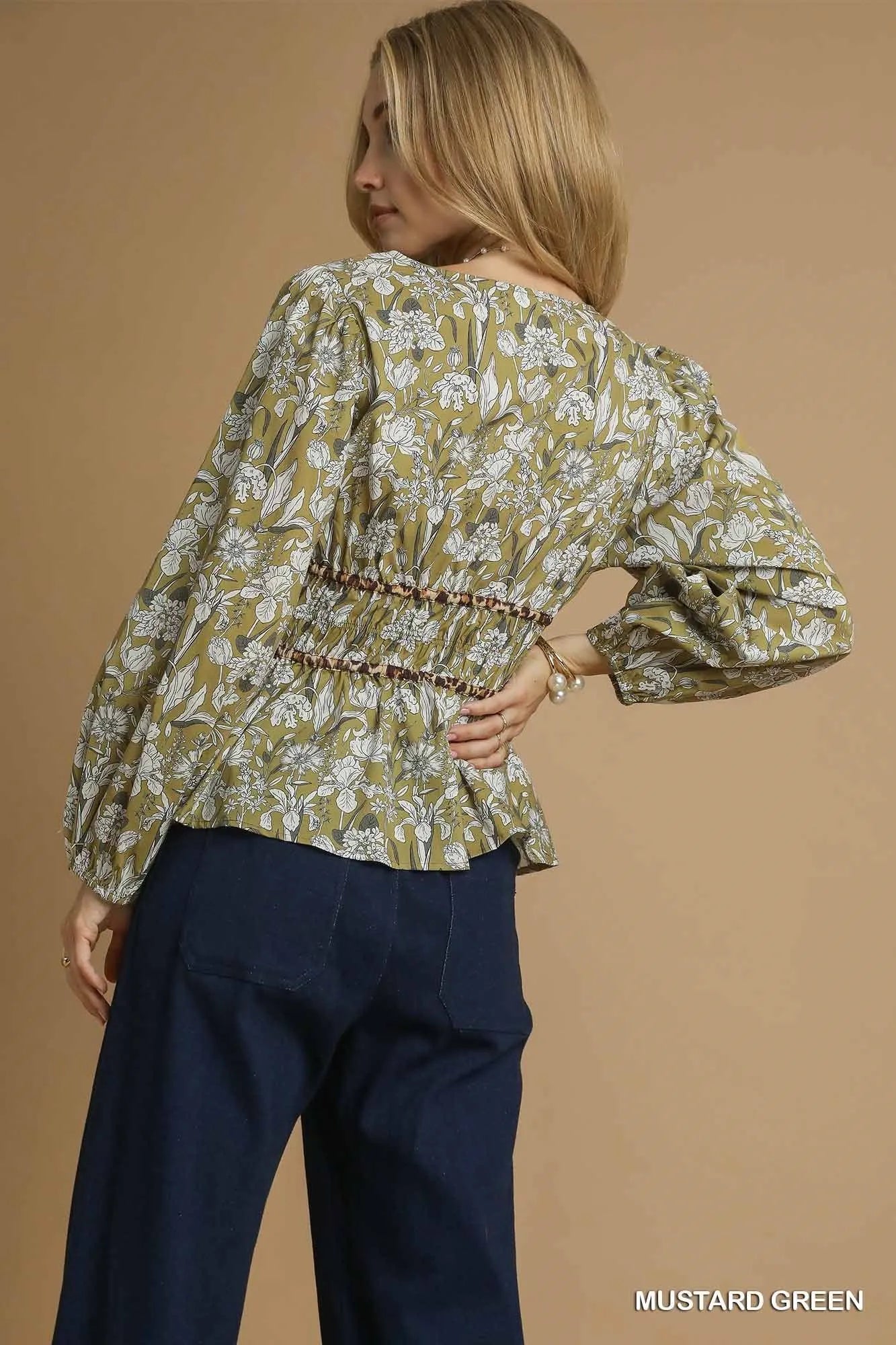Botanical Peplum Blouse with Waist Tie