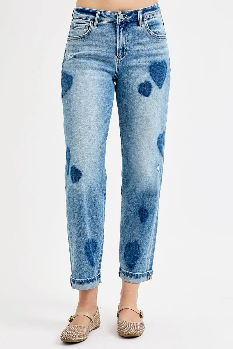 Full Size Heart Print Relaxed Fit Boyfriend Jeans