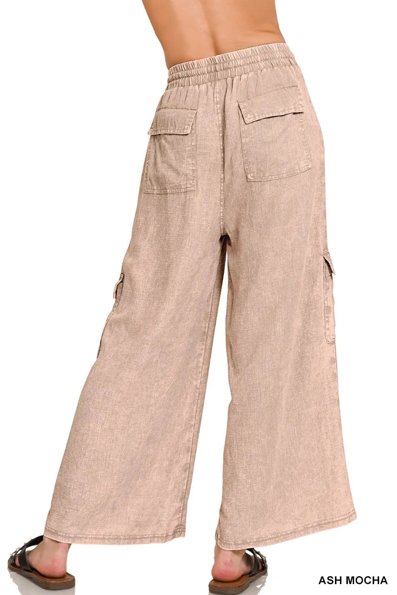 Washed Linen Elastic Band Waist Cargo Pants