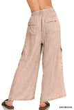 Washed Linen Elastic Band Waist Cargo Pants