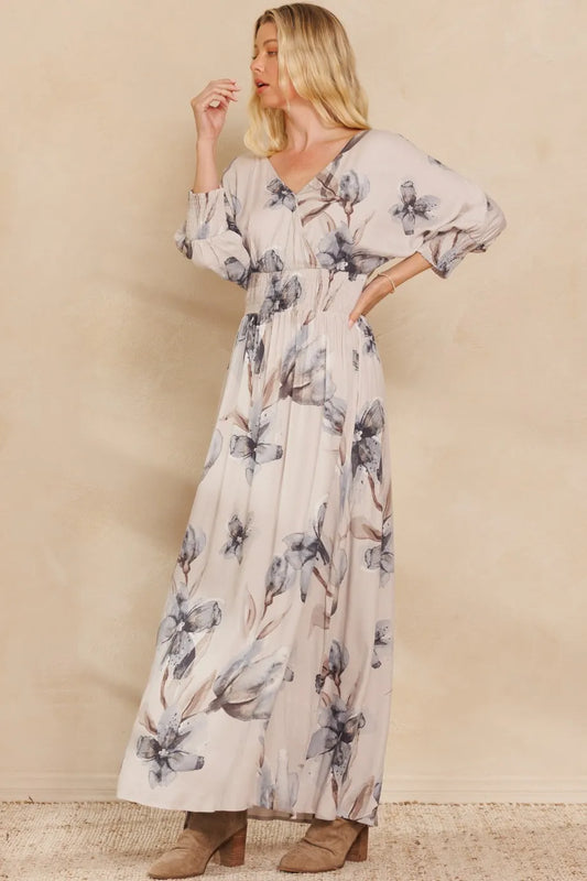 Floral Print Open Tie Back Maxi Dress