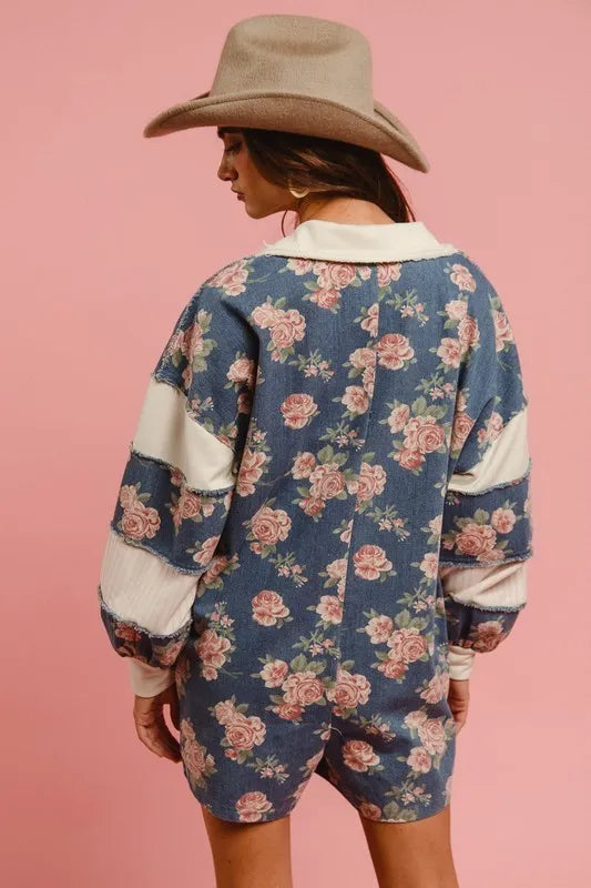 Washed Floral Denim Romper With Contrast Collar