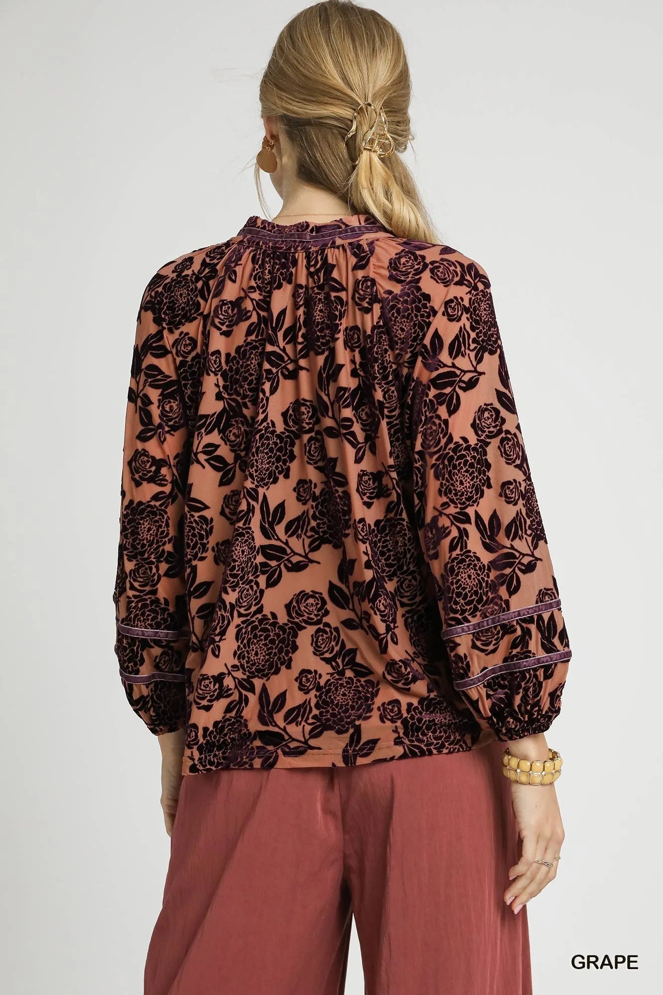 Velvet Floral Blouse with Balloon Sleeves