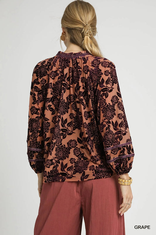 Velvet Floral Blouse with Balloon Sleeves