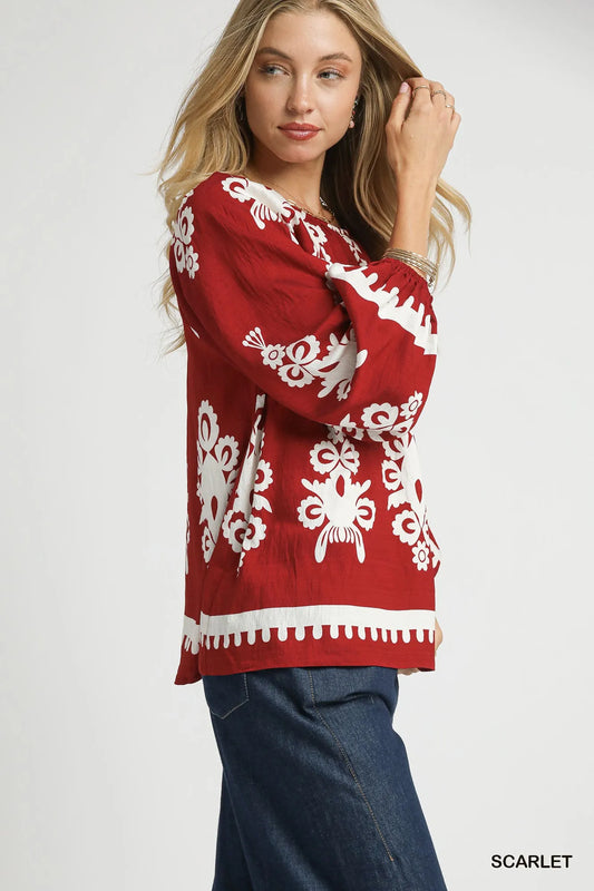 Border Print Top with Accent Balloon Sleeves