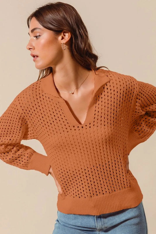 Open Knit Polo Sweater Top