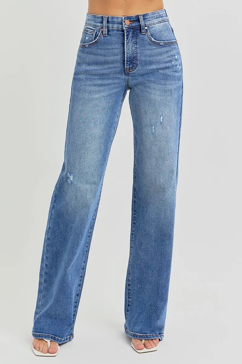 Full Length High Waisted Relaxed Fit Wide Leg Denim Jeans