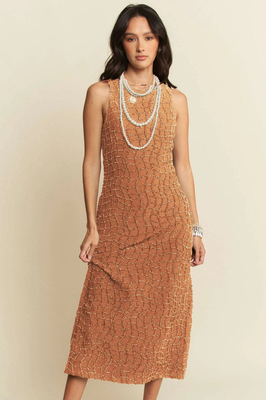 Golden Textured Zippered Midi Dress