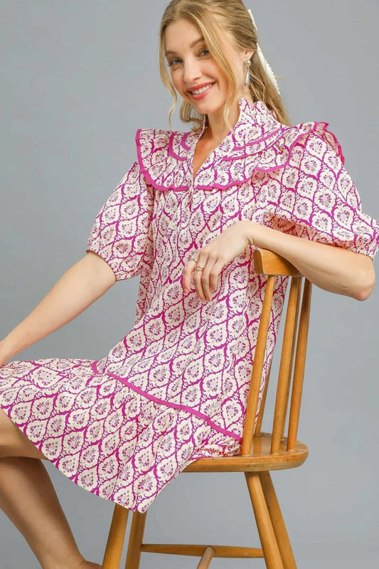 Boho Diamond Print Puff Sleeve Mini Dress
