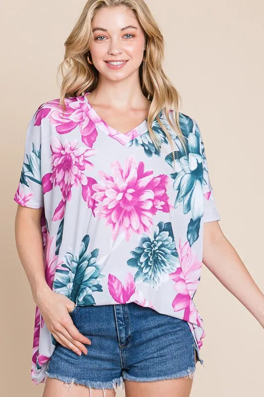 Floral V-Neck Short Sleeve T-Shirt