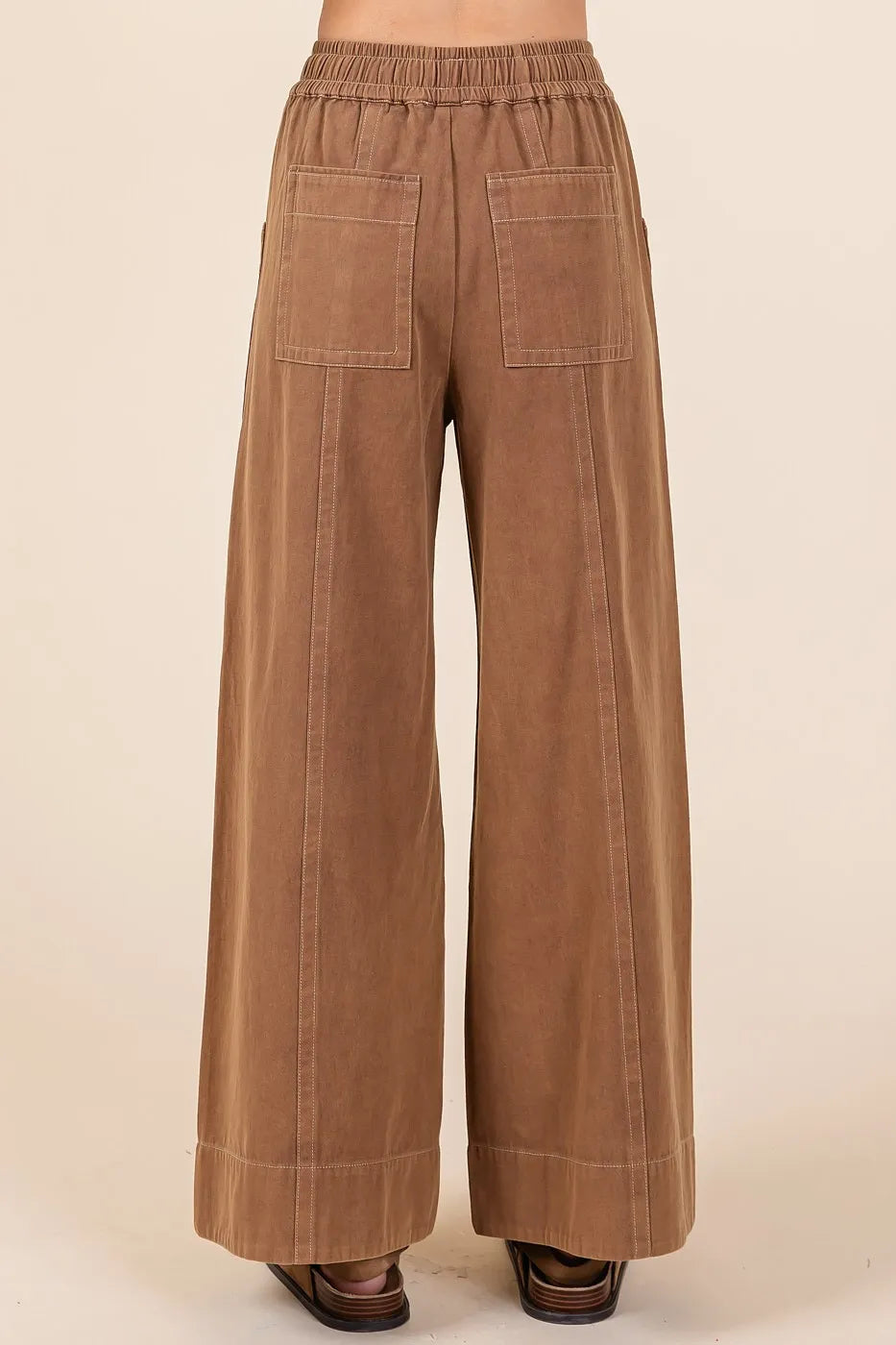 Mineral Wash Wide Leg Elastic Waist Twill Pants