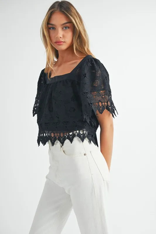 Square Neck Crochet Lace Top With Double Bow Tie
