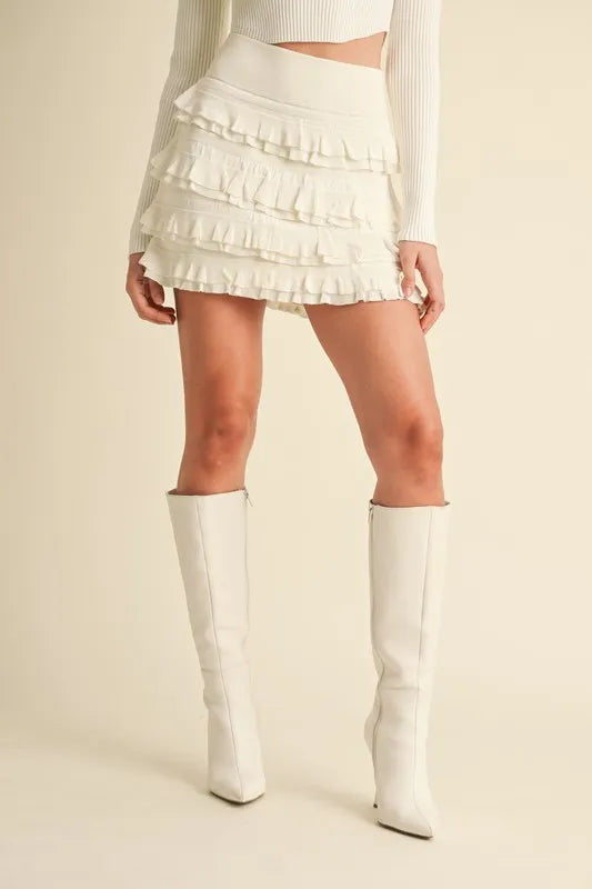 Ruffled Detail High Waist Knit Mini Skirt