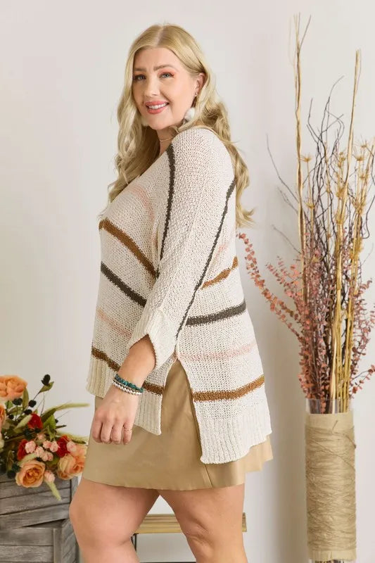 Full Size Multi Color Strip Sweater Plus Size